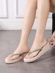 Women's Casual Rhinestone Decorative Flip Flop Sandals - Beige - View 3
