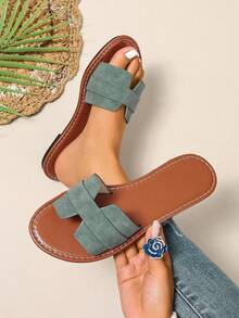 新款春夏时尚 H 型女士一脚蹬凉鞋，网眼面料，罗马风格，一脚蹬，休闲，黑色，米色，棕色，平底凉鞋，压花，沙漠锁，法式优雅，水钻，厚底，沙滩鞋，香槟色，简约室内外拖鞋，鳄鱼纹，扁平金属装饰带夏季凉鞋 - 青檸色 - 查看 2