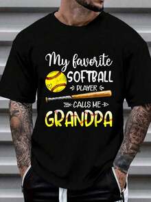 100% Cotton Softball My Favorite Softball Player Calls Me Grandpa T-Shirt Women's Men's Graphic Tee Causal Tops Fashion - 黑色 - 查看 1