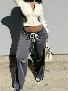 2pcs/Set European Style Women's Striped Colorblock Zipper High Waist Drawstring Pants Suit, All Season