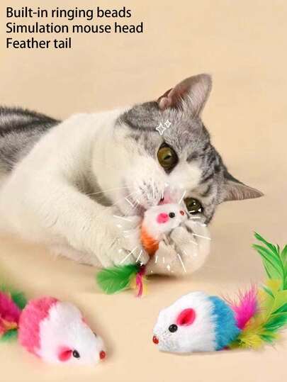 10 件随机颜色猫咪逗猫玩具毛绒小老鼠羽毛尾巴互动猫玩具一个发出沙沙声的猫玩具帮助猫咪在家自娱自乐
