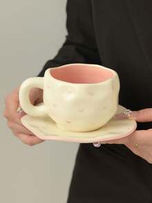 1pc Pink Heart Ceramic Coffee Cup & Saucer Set, Korean Ins Style Hand-Painted Cute Mug, Coffee Cup, Tea Cup, Water Cup, Suitable For Family Gatherings, Decorative Cup, Ramadan Gift For Friends - Multicolor - View 13