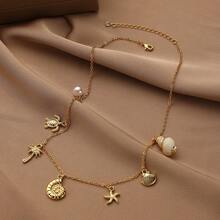 TUANZISP 1pc Women's Fashionable Vintage Pendant Necklace, Boho Ocean Holiday Style Summer Beach Necklace With Starfish, Shell, Palm Tree, Sea Snail, Turtle Pendant Design, Delicate & Unique Women Jewelry Gift - Gold - View 3