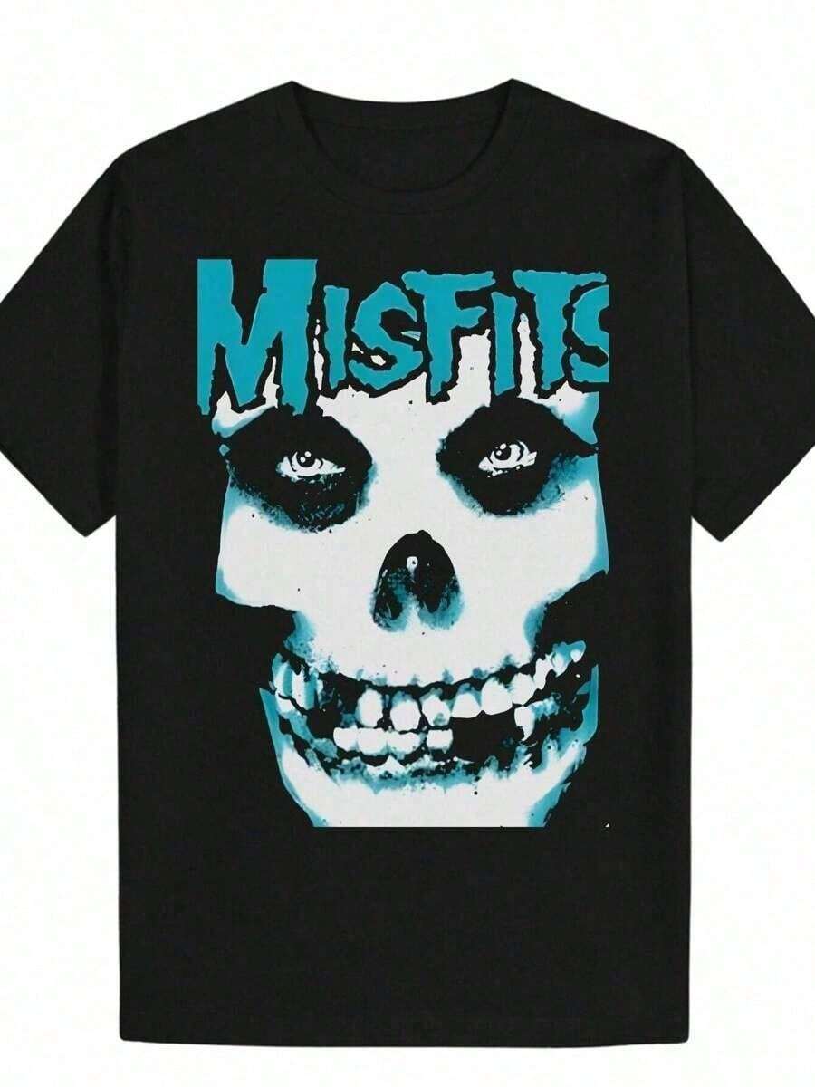Men's Misfits Skull Graphic T-Shirt-Black Short Sleeve Crewneck Cotton Tee, Casual Summer Skull Print Shirt For Men, Soft & Comfortable Cotton Fabric, Perfect For Parties, Festivals & Casual Attire, Skull Shirt Tee - màu đen - Xem 1