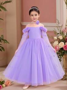 Vestido largo de malla elegante decorado con flores para niñas preadolescentes, vestido glamoroso y elegante para fiestas, bailes, ocasiones formales, adecuado para actuaciones escolares, sin accesorios para el cabello