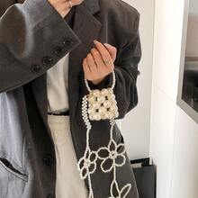 时尚金属珠柄迷你方形女士手提包，2025年夏季新款别致百搭单肩斜挎包，白色大号珍珠女士钱包，银色小号化妆包