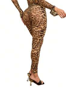Women's Sexy Sheer Mesh Leopard Long Pant Summer Beach Yoga Workout Skinny Legging Pant