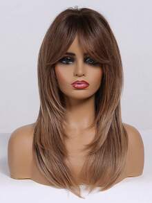 女士优雅长直棕色假发，带刘海 - 蓬松层次感，150% 密度，适合日常派对，百搭假发，自然造型假发，假发配件 - 漸層棕色 - 查看 3