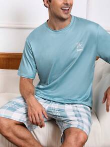 2pcs/Set Summer Lightweight Round Neck Short Sleeve Top With Plaid Print Shorts, Casual Stylish Pajama Set