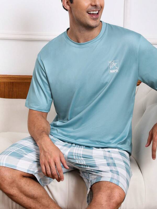 2pcs/Set Summer Lightweight Round Neck Short Sleeve Top With Plaid Print Shorts, Casual Stylish Pajama Set