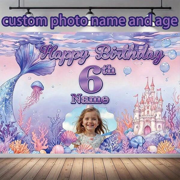 1 pezzo Striscione personalizzabile con ritratto, età, nome e compleanno, in fibra di poliestere, sfondo fotografico a tema sirena subacquea viola per torta di compleanno, pareti domestiche, decorazione per esterni