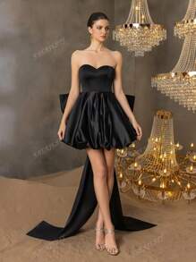 Balloon-Hem Evening Gown With Dramatic Waist Bow Detail – Elegant Formal Bridal Shower Dress For Red Carpet Galas, Black-Tie Wedding Receptions, Luxury Charity Balls, Bride