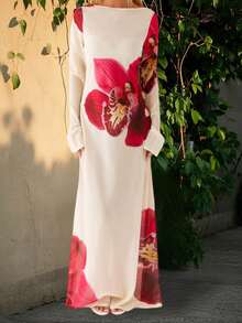 Women's Floral Print Long Dress Boat Neck Long Sleeve Slim Fit Sheer Mesh Dress For Summer Beach - 杏色 - 查看 3