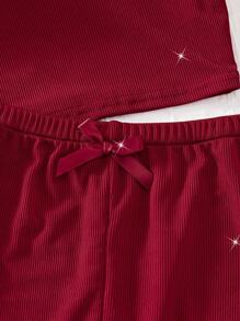 2-Piece Solid Color Lace Trim Sexy Lingerie - Fashion Bow Strap Top & Stretchy Breathable Shorts - Women's Comfortable Sleepwear, Rave