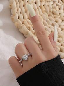 5 件优雅铜镶嵌方晶锆石时尚简约精致戒指套装，适合婚礼、派对、节日礼物、新娘 - 銀色 - 查看 7