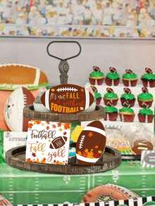 3 Piezas/Set, 1/75 Set Decoración de bandeja escalonada de madera con tema de fútbol de otoño, hojas de otoño rústicas, señal de cosecha de fútbol para decoración de mesa de fiesta de Acción de Gracias en estilo granja (sin bandeja)