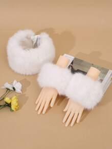 2pcs/Set Fashionable Solid Color Faux Fur Soft Fluffy Warm Headband And Arm Warmers, Autumn/Winter