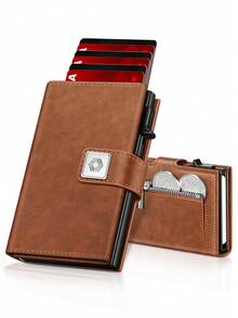 男士复古风格钱包，RFID 屏蔽，拉链双折，带零钱袋，多个卡槽和证件夹，棕色，时尚，适合日常正式/商务正式使用 - 查看 1