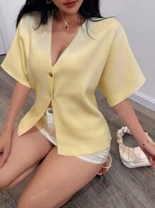 DEEKA European & American Style Summer Graduation Outfit Women Versatile Minimalist V-Neck Short Sleeve Knitted Sports Top Jacket