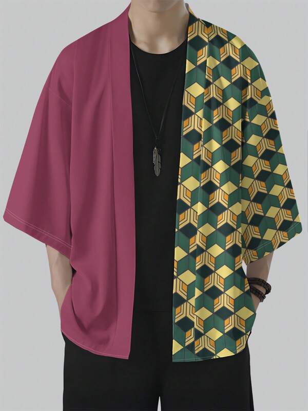Imprimeu geometric vintage pentru bărbați, poliester, stil casual de vară, kimono ușor