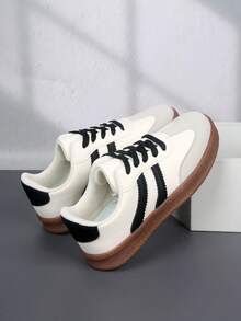 1 par de zapatillas de lona con diseño de cordones a la moda para niñas, adecuadas para volver a la escuela, estudiantes, primavera y otoño - Beis - Ver 6