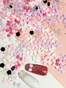 100-200 piezas Decoraciones de arte de uñas con moños rosas/blancos, tachuelas de cinta de resina iridiscente de bricolaje, camelias negras/blancas, moño mini gatito fuschia, set mezclado de encantos de uñas de verano, energía juvenil, estilo lindo, japonés, coreano, suministros de uñas