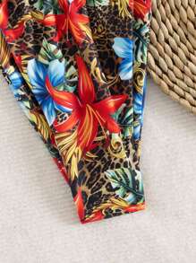 2 Pieces Women Tropical Floral & Leopard Print Tie Front Bikini Set, Vacation Casual Summer Swimwear