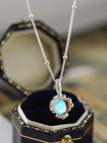Collar con colgante circular minimalista de plata de ley 925 con dije de color azul claro, joya regalo para mujeres, cadena para la clavícula