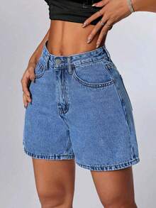 Pantalones cortos vaqueros de cintura alta, versátiles, con lavado vintage, de corte holgado y longitud hasta la rodilla, de estilo retro casual para el verano - Azul lavado medio - Ver 4