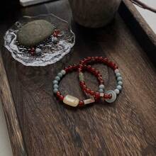 2pcs Chinese Style Minimalist Natural Stone Bracelets, Vintage Niche Design Cool Touch Stacked Bracelets, Women Natural Red Agate Beaded Bracelet, Holiday Gift