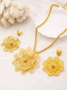 3 pièces/Ensemble Bijoux de luxe de Dubaï pour femmes, gros pendentif, collier, boucles d'oreilles, accessoires de mariage, de soirée, de couleur or jaune, style africain