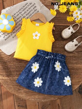 BASUSARRI 【3D立体印花】女童牛仔效果无袖上衣和激光镂空口袋裙两件套，时尚百搭