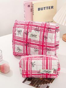 1 Peça Bolsa de Maquiagem Fofa de Grande Capacidade, Nécessaire Acolchoado para Cosméticos, Bolsa de Maquiagem de Viagem com Laço Xadrez, Dobrável, com Alça, Organizador de Maquiagem Estético, Bolsa de Armazenamento para Viagem, Nécessaire Portátil, Bolsa para Lápis, Essenciais de Viagem, Férias de Verão, Volta às Aulas, Bolsa Escolar, Bolsa de Viagem para Mulheres, Bolsa de Maquiagem para Viagem