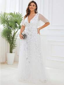 EVERPRETTY Plus Size Sequin Embroidered Deep V-Neck Mesh Wedding Dress Suitable For Summer Garden Wedding Party White Dress For Bride - White - View 3