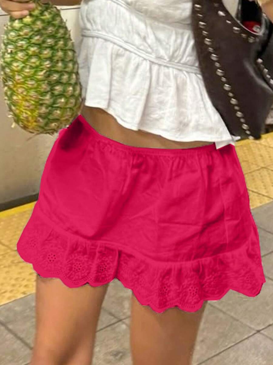 Women Y2K Sheer Lace Ruffle Mini Skirt Low Rise Mesh Ruffle Hem Shorts Fairy Micro Skirt Coquette Going Out Beachwear - Red - View 1