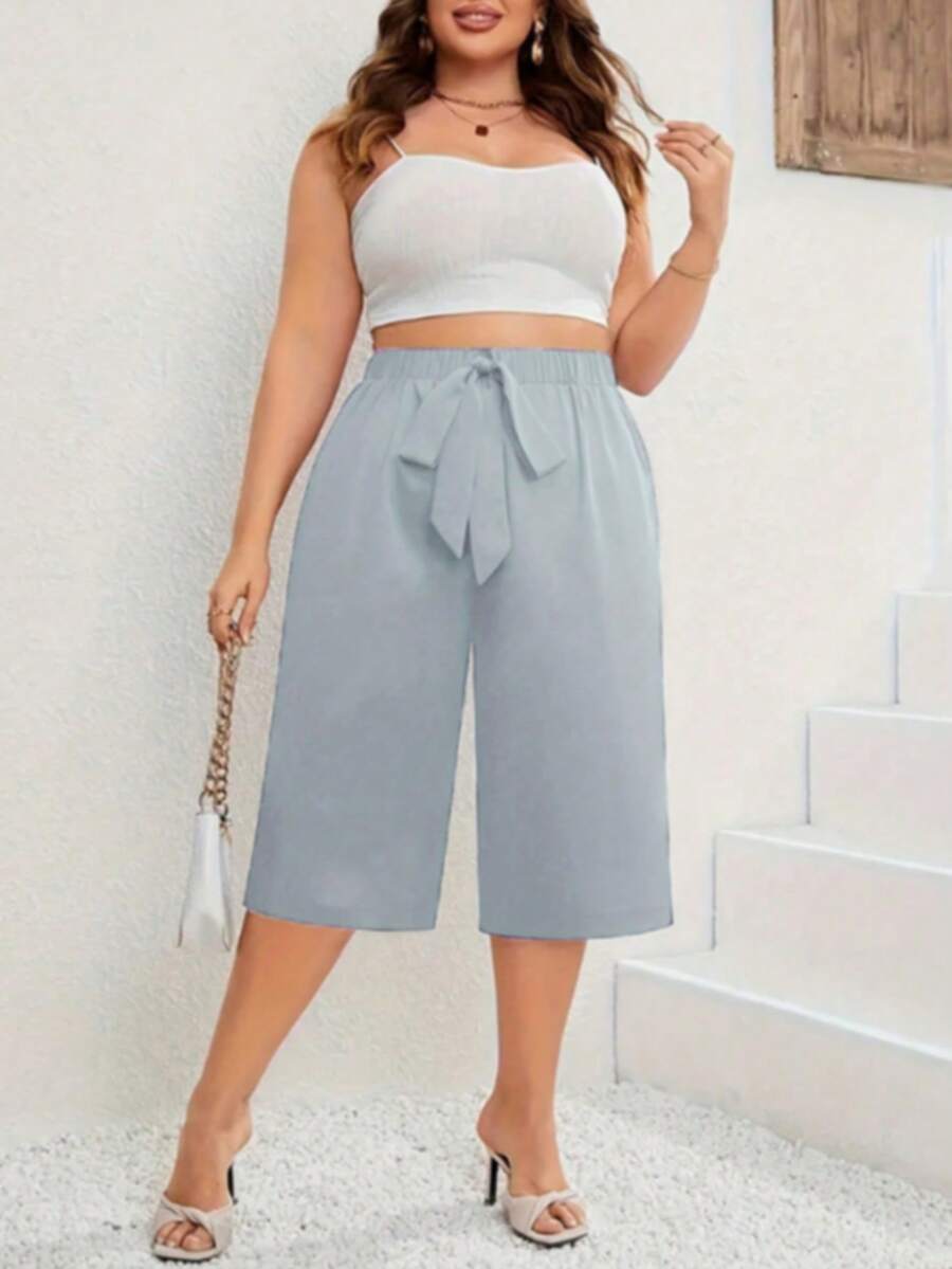 大码高腰阔腿七分短裤 - 淺灰色 - 查看 1