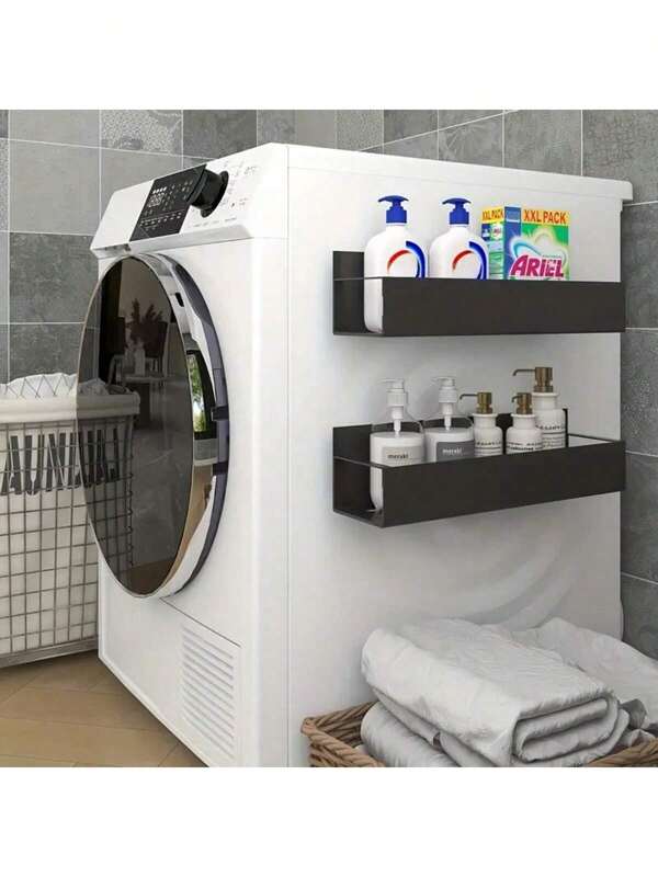 1/2 piezas Estante lateral magnético, adecuado para refrigerador y lavadora - Sin necesidad de perforar, acabado en metal negro elegante, organizador de especias montado en la pared, perfecto para los esenciales de lavandería