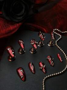 10 Peças Conjunto de Unhas Completo Artesanal, com Unhas de Estilo Punk Estampadas em Formato de Amêndoa e Conjunto de Unhas Punk Ciberpunk de Metal Vermelho Grosso de Estilo Punk Girl Junk, Adequado para Meninas Usarem no Dia a Dia e em Eventos como Festas e Festas Temáticas. Acompanha 1 Mini Lixa de Unha e 1 Etiqueta Adesiva Dupla Face.