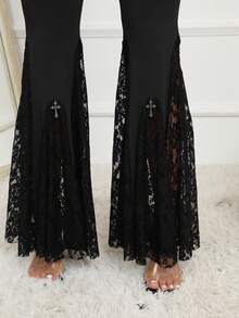 Calça gótica sexy justa cintura alta patchwork renda flare - Preto - Ver 6