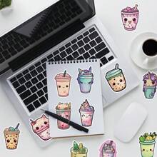 50pcs Bubble Tea Faux Pearl Design Cartoon Stickers, Vinyl Glossy Self-Adhesive Decals, Suitable For Decorating Luggage, Skateboards, Phone Cases, Diaries, Notepads, Desktops, Cabinets, Helmets For Adults And Teenagers, School Supplies,Back To School