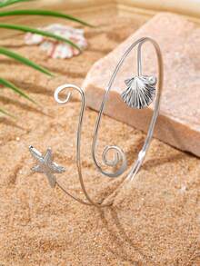 1pc Fashion Starfish With Dual Tails & Pearl Shell Design Arm Bracelet, Suitable For Beach Resort Wearing - Yellow Gold - View 9