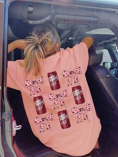 1pc Girls Short Sleeve Bow Print Pullover T-Shirt, Comfortable & Fashionable Summer Top For Student & Teen Girl,Spring And Summer New Styles