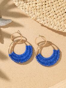 1 对波西米亚风格拉菲草环状耳环，海滩度假配饰，蓝色、粉色、米色，适合日常佩戴或度假