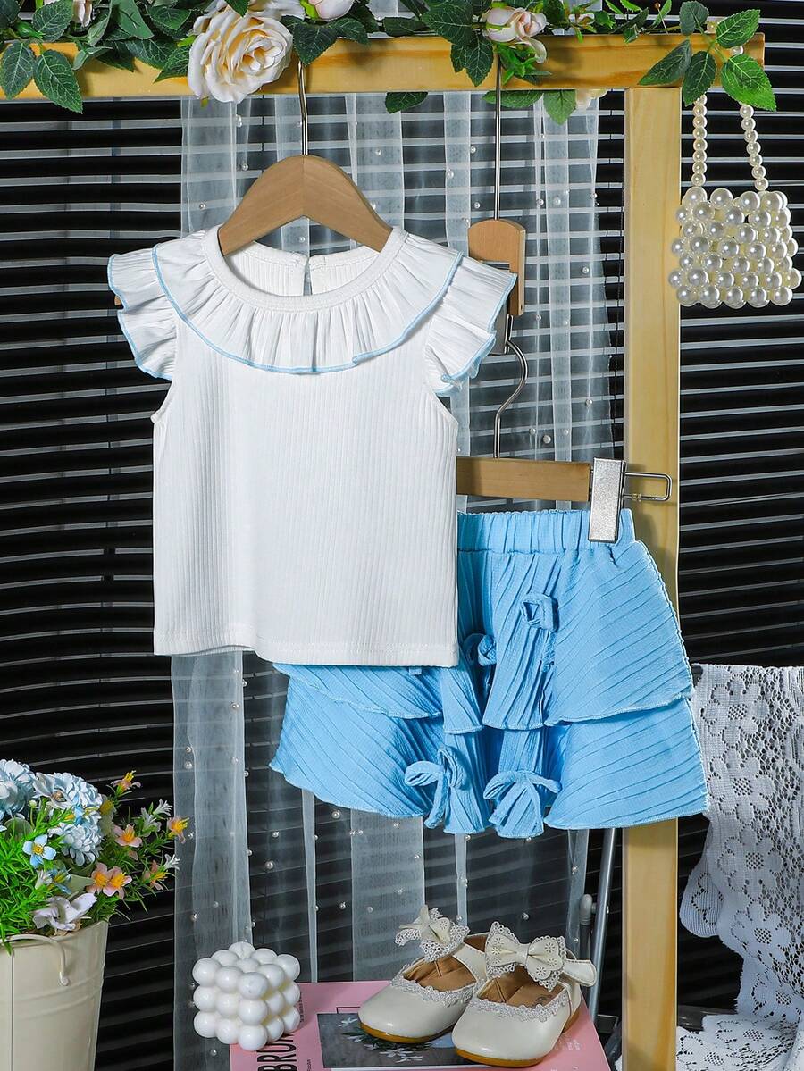 2pcs/Set Baby Girls' Casual Cute Ruffle Trim Solid Color Tank Top Paired With Bow Decor Skirt Set - Multicolor - View 1