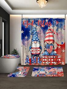 1/4 pièces Set de rideau de douche pour la fête de l'indépendance, avec imprimé de gnome du jour de l'indépendance américaine, rideau de douche avec drapeau américain, motif bannière étoilée, en tissu de polyester, set de salle de bain avec 12 crochets, tapis antidérapant, tapis en U, couvercle de siège de toilette, décoration du Memorial Day et du jour de l'indépendance, Toute saison