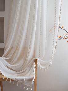 Bubaba 1pc Beige Embroidered Blackout Curtain, Bohemian Romantic Minimalist Style Handmade Embroidered Tasseled Design Home Decor Curtain, Suitable For Bedroom, Kitchen, Dining Room, Door, Cabinet, Seasonal Home Decor - 米色 - 查看 1