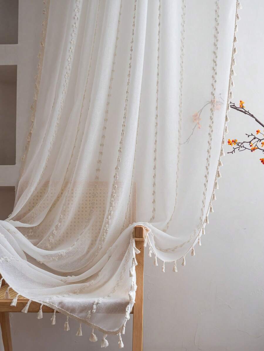 Bubaba 1pc Beige Embroidered Blackout Curtain, Bohemian Romantic Minimalist Style Handmade Embroidered Tasseled Design Home Decor Curtain, Suitable For Bedroom, Kitchen, Dining Room, Door, Cabinet, Seasonal Home Decor - 米色 - 查看 1