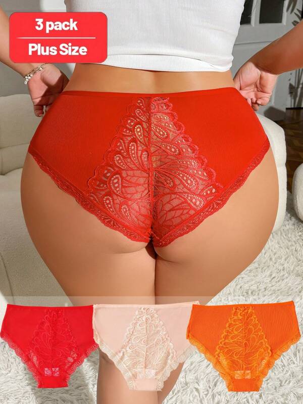 3pcs Plus Size Women Panties, Solid Color Floral Lace Patchwork Classic Fashionable Sexy Underwear, Comfortable Skin-Friendly Close-Fitting Briefs, Red Color