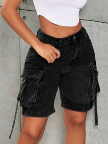 Street Vintage Flap Pocket Tape Detail Work Cargo Denim Bermuda Straight Leg Jeans Denim Shorts Jorts - màu đen - Xem 6
