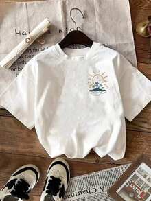 T-shirt décontracté à col rond et manches courtes avec imprimé palmiers, tenue de vacances/resort pour femmes